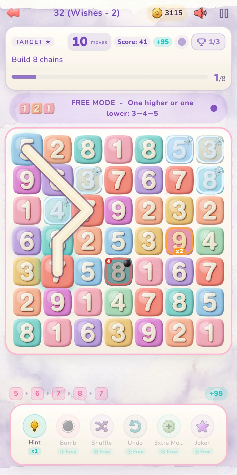 Decimo gameplay: a chain being built on the number grid